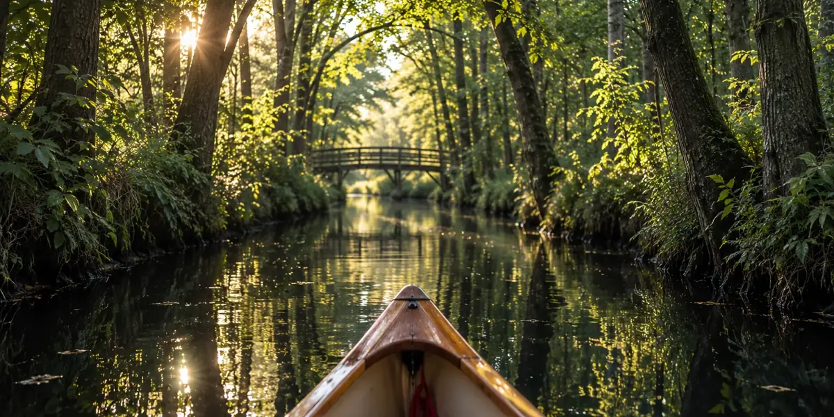 Illustration of a canoe in a Spreewald channel, one of the paddling spots on Paddelrevier