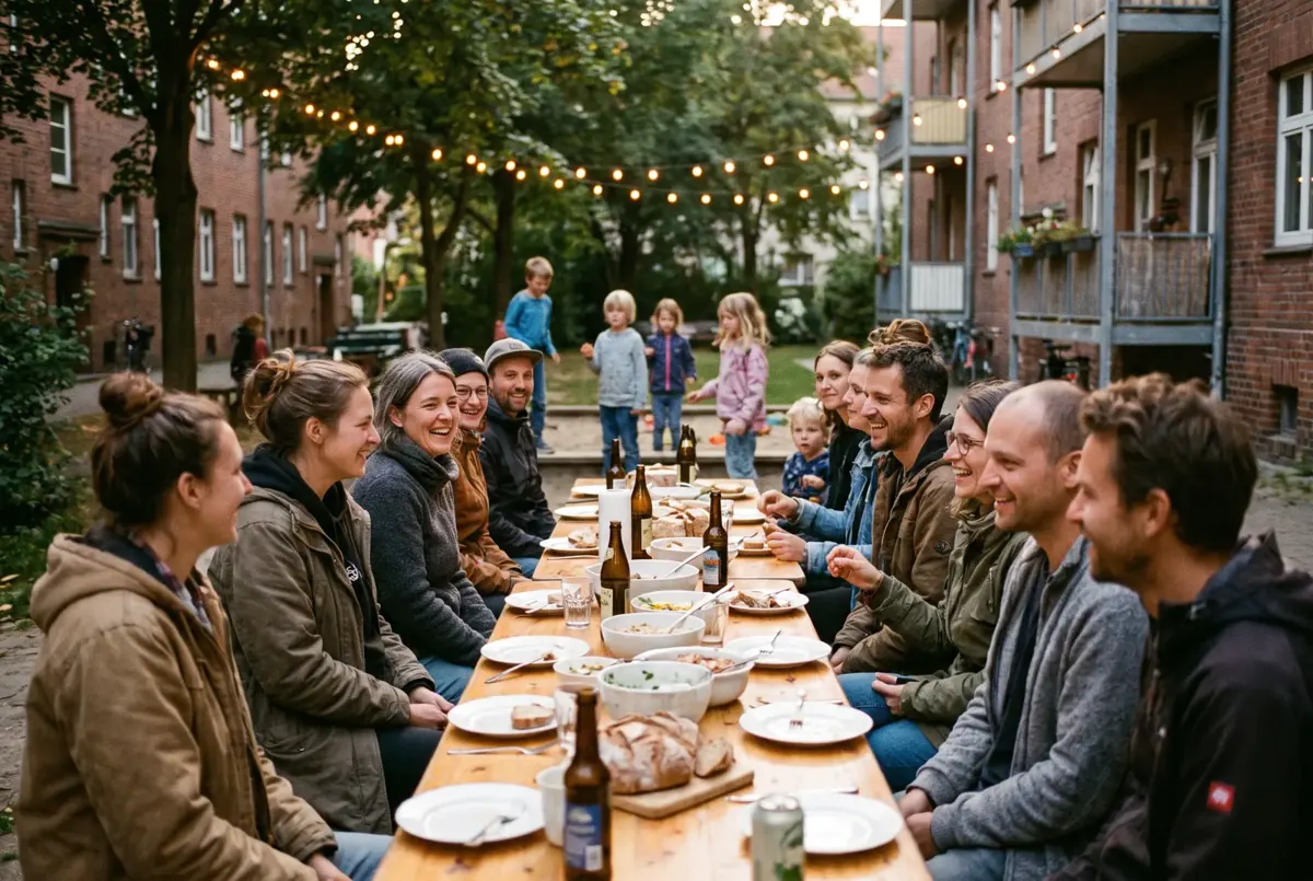Illustration: neighbours of a housing cooperative at a long table in the courtyard