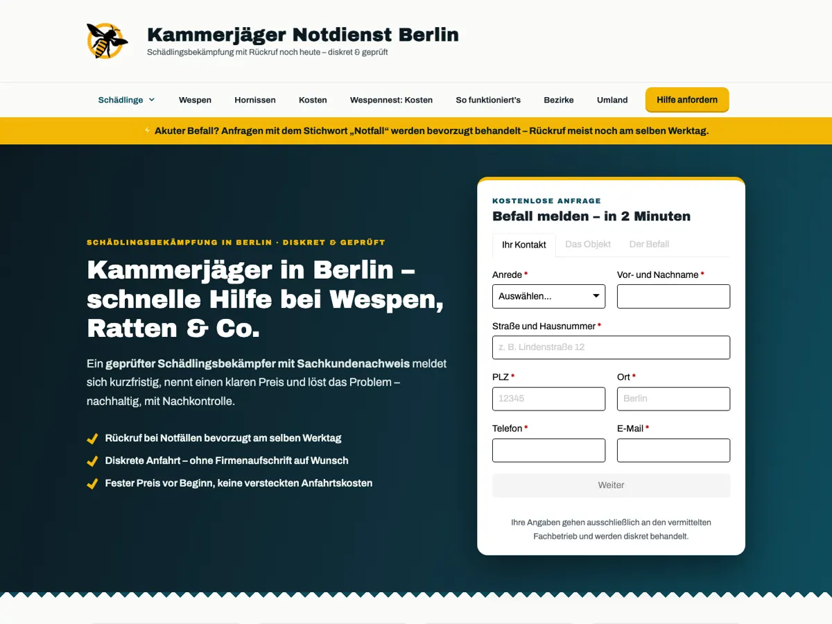 Home page of Kammerjäger Notdienst Berlin (kammerjaeger-notdienst-berlin.de), screenshot