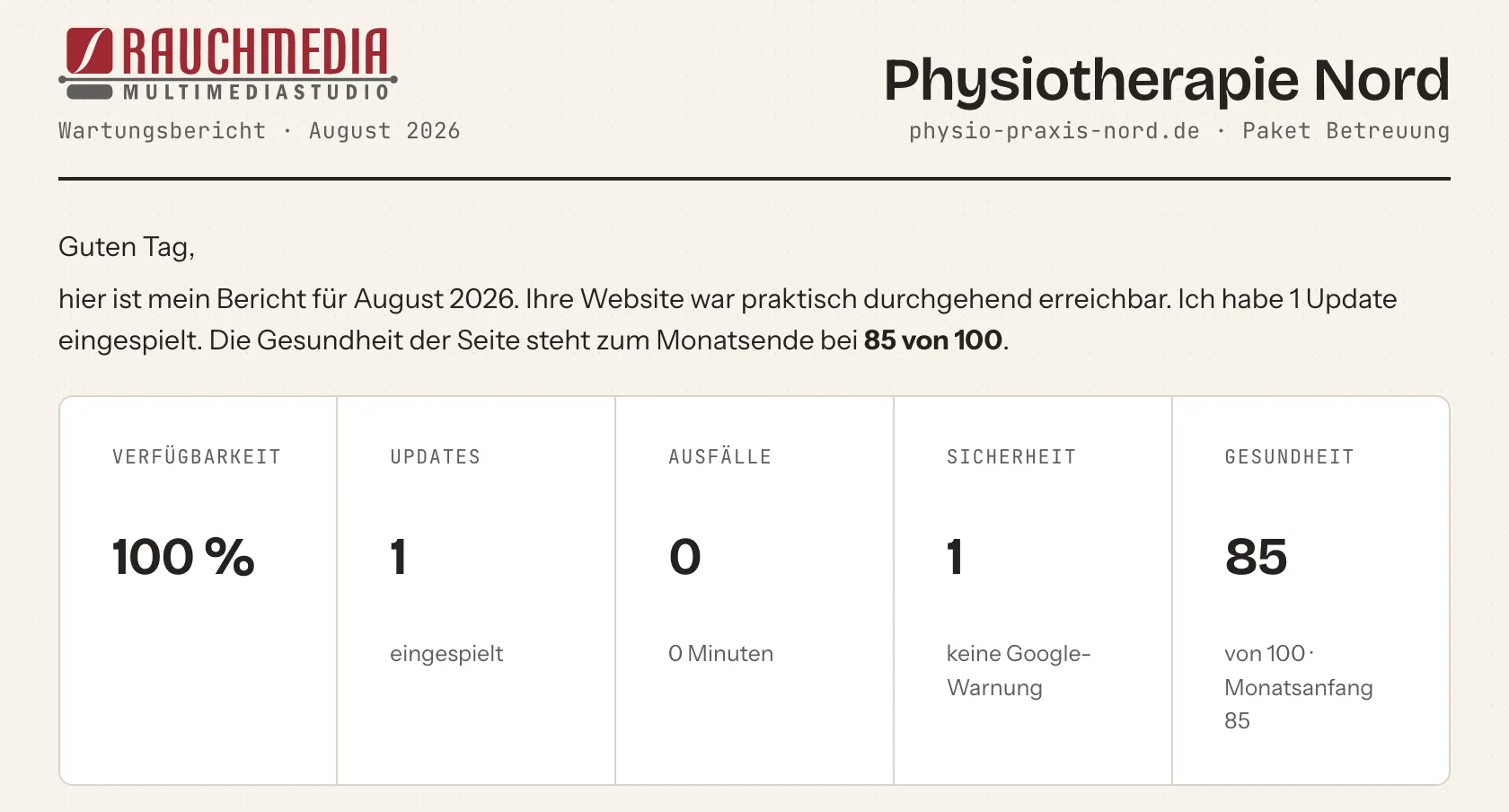 Monatsbericht der WordPress-Wartung von Rauch Media: Verfügbarkeit, eingespielte Updates, Ausfälle, Sicherheitsbefunde, Gesundheit und Empfehlung