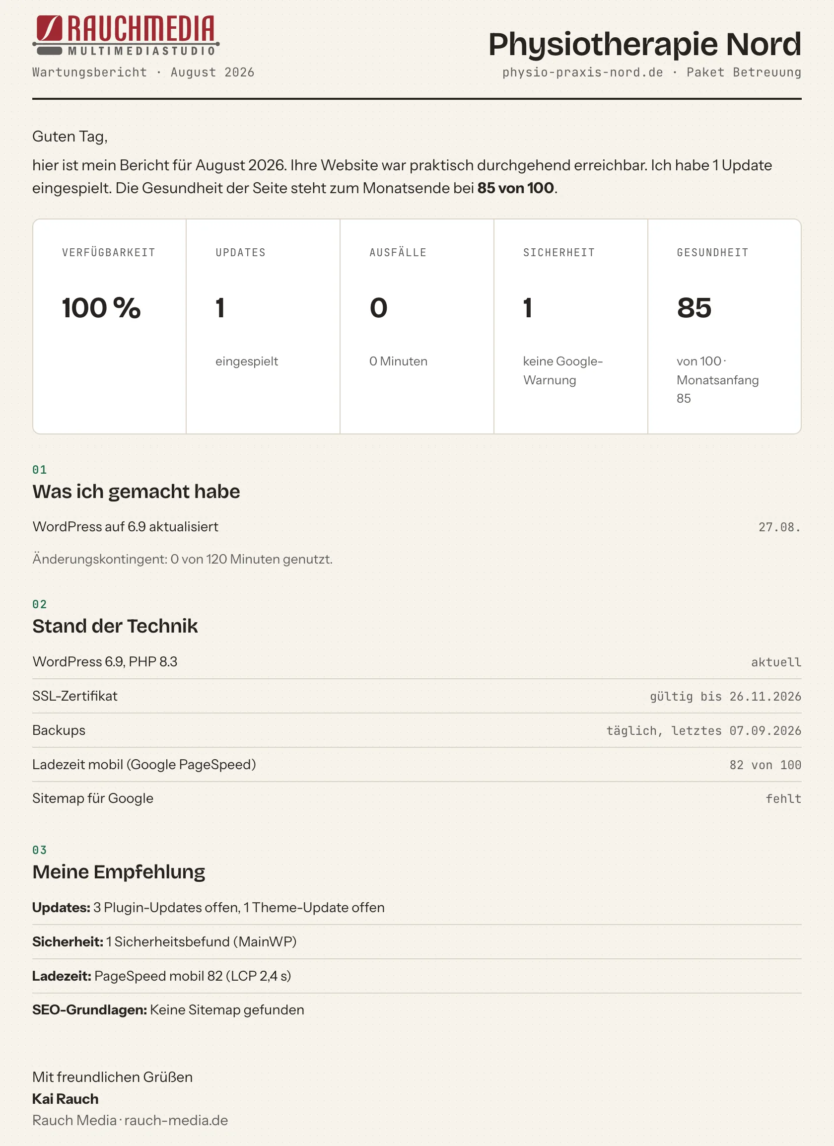 Monatsbericht der WordPress-Wartung von Rauch Media: Verfügbarkeit, eingespielte Updates, Ausfälle, Sicherheitsbefunde, Gesundheit und Empfehlung