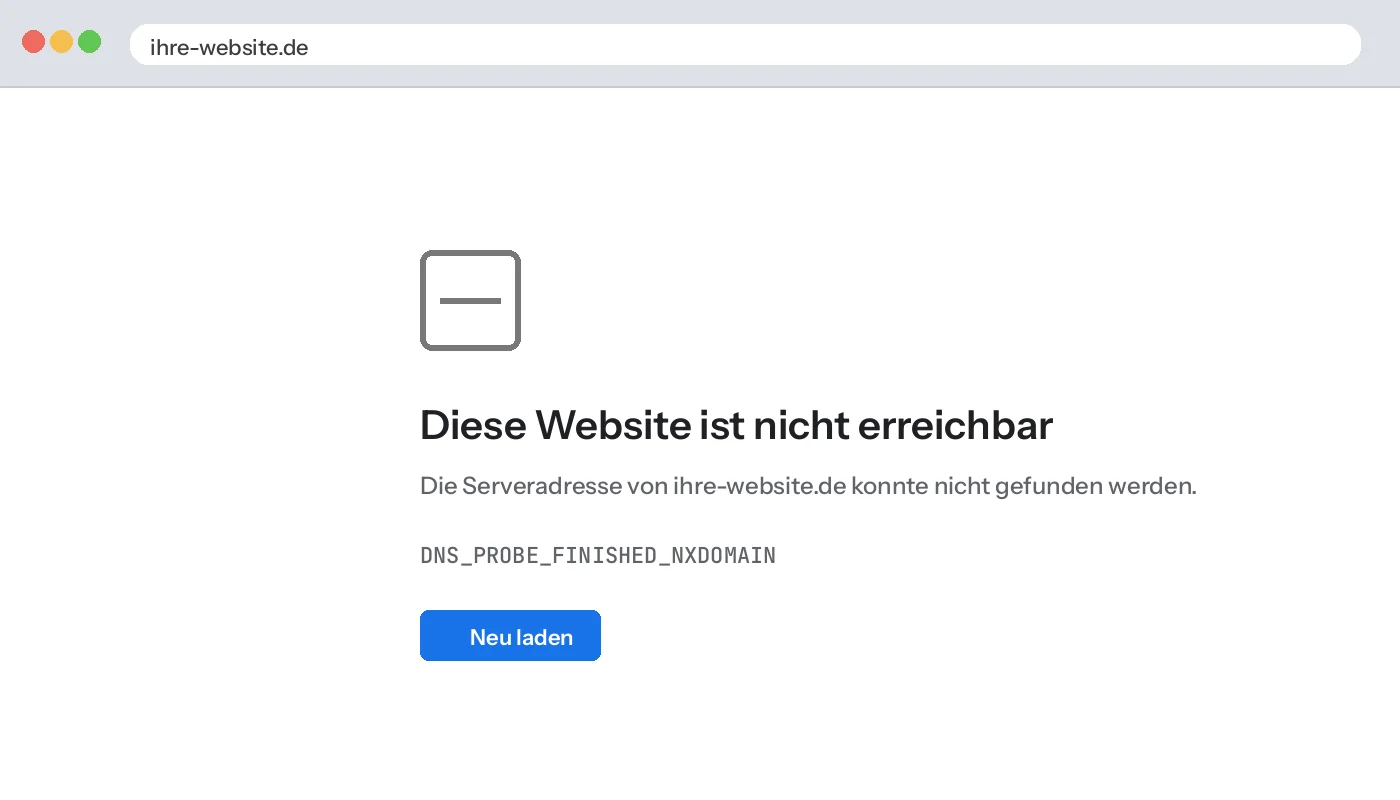 Browser-Fehlerseite: Diese Website ist nicht erreichbar, DNS_PROBE_FINISHED_NXDOMAIN