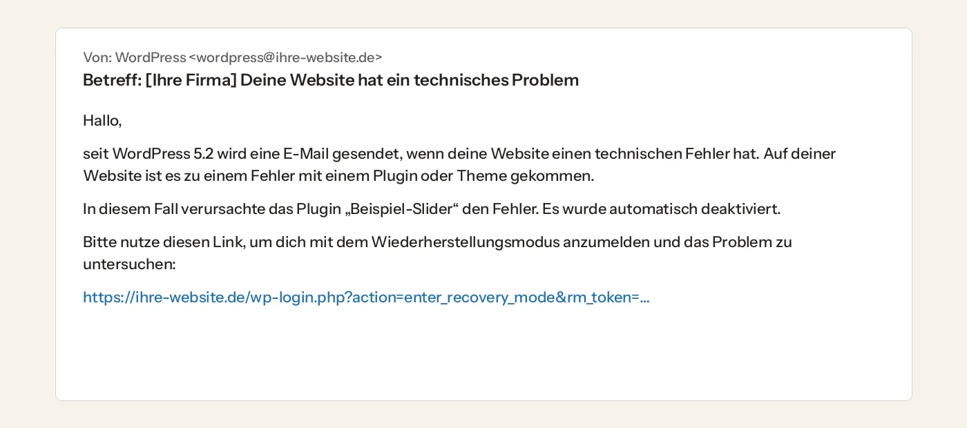 E-Mail von WordPress mit dem Betreff: Deine Website hat ein technisches Problem, mit Link in den Wiederherstellungsmodus